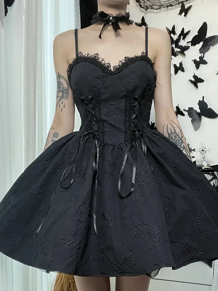 Goth Print Rose Lace Up A Line Fairy Grunge Backless Party Dress - View 4