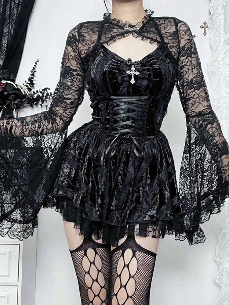 Velvet Halter Neck Lace Up Corset Tiered Ruffle Mini Dress - View 5