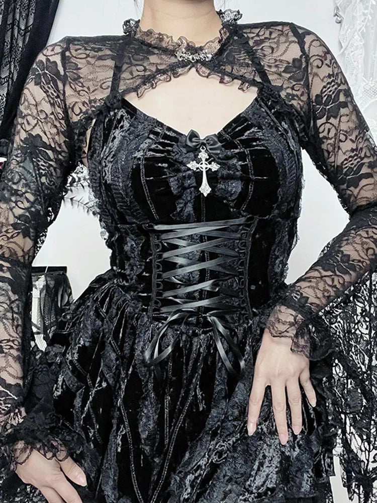 Velvet Halter Neck Lace Up Corset Tiered Ruffle Mini Dress - View 4
