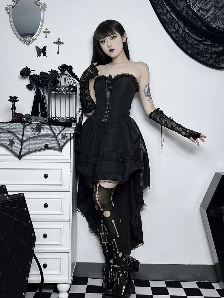 Corset Strapless Lace Trim High Low Ruffle Dress - View 2