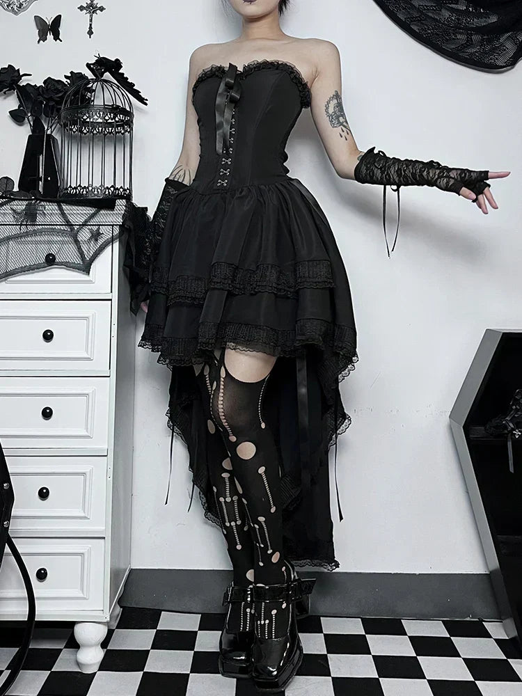 Corset Strapless Lace Trim High Low Ruffle Dress - View 3