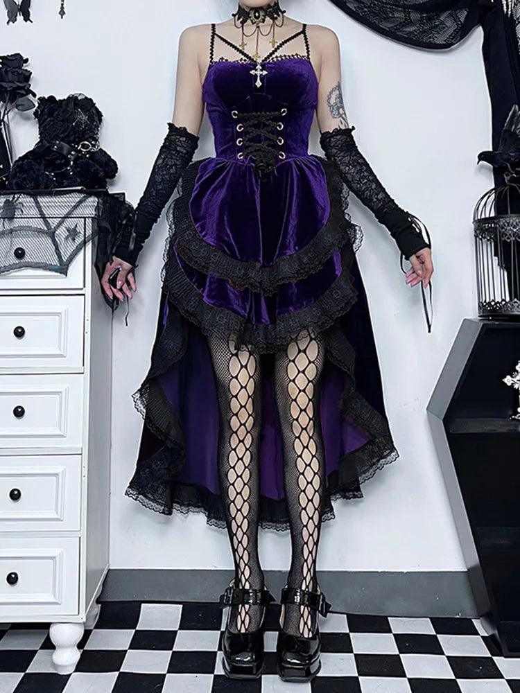 Velvet Sweetheart Spaghetti Strap Corset Ruffle High Low Dress - View 8