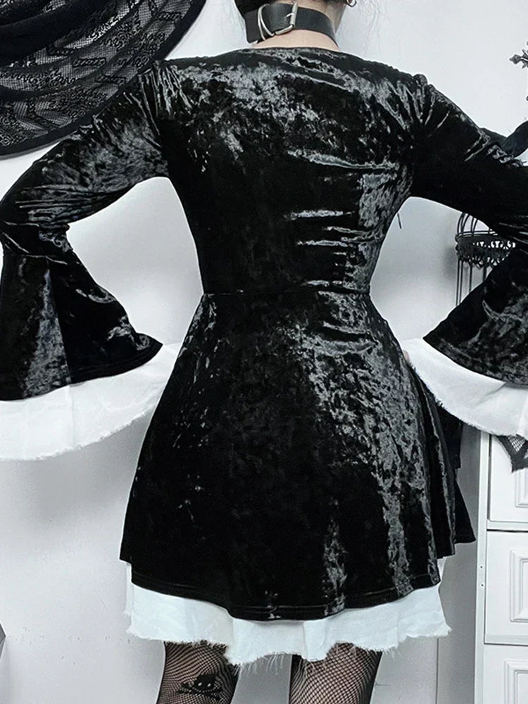Velvet Lace Up Deep Scoop Neck Bell Sleeve Ruffle Trim Mini Dress - View 5