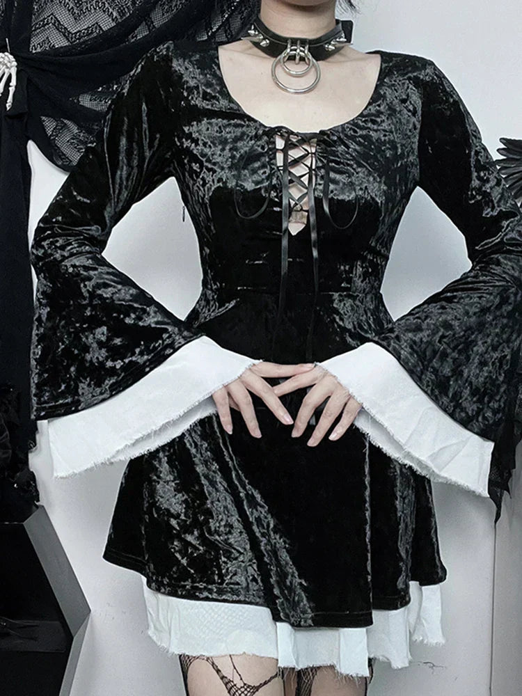 Velvet Lace Up Deep Scoop Neck Bell Sleeve Ruffle Trim Mini Dress - View 4
