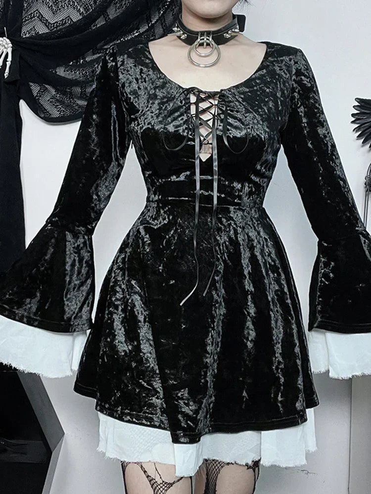 Velvet Lace Up Deep Scoop Neck Bell Sleeve Ruffle Trim Mini Dress - View 3