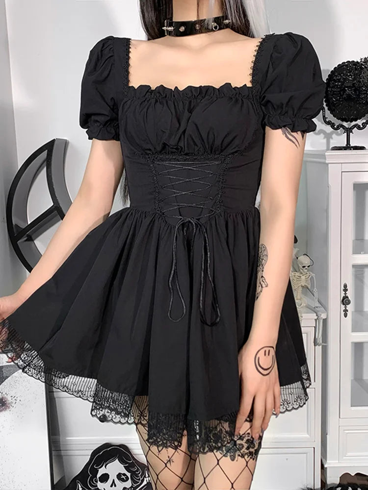 Corset Lace Up Square Neck Puff Sleeve Lace Trim Mini Dress - View 2