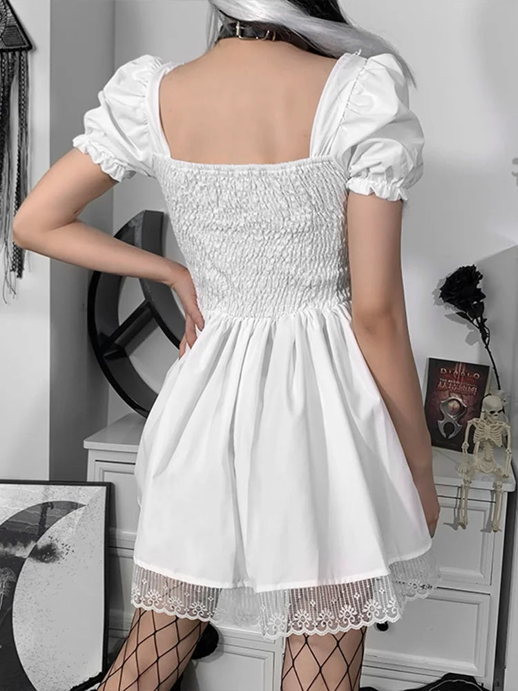 Corset Lace Up Square Neck Puff Sleeve Lace Trim Mini Dress - View 6