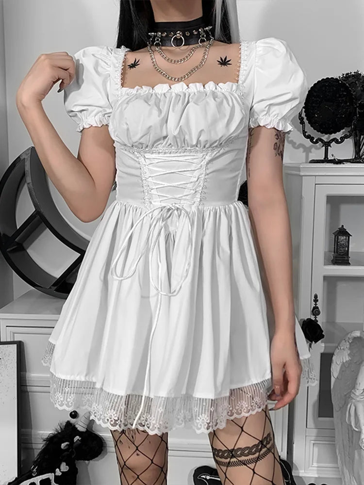 Corset Lace Up Square Neck Puff Sleeve Lace Trim Mini Dress - View 5