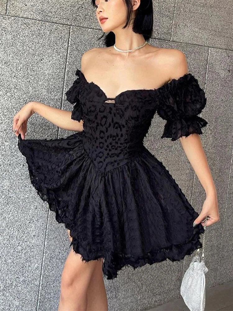 Leopard Off Shoulder Puff Sleeve Corset Ruffle Mini Dress - View 6