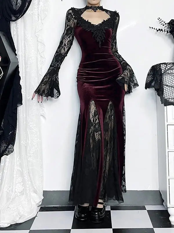 Velvet Deep V-Neck Bell Sleeve Lace Trim Mermaid Maxi Gown - View 7