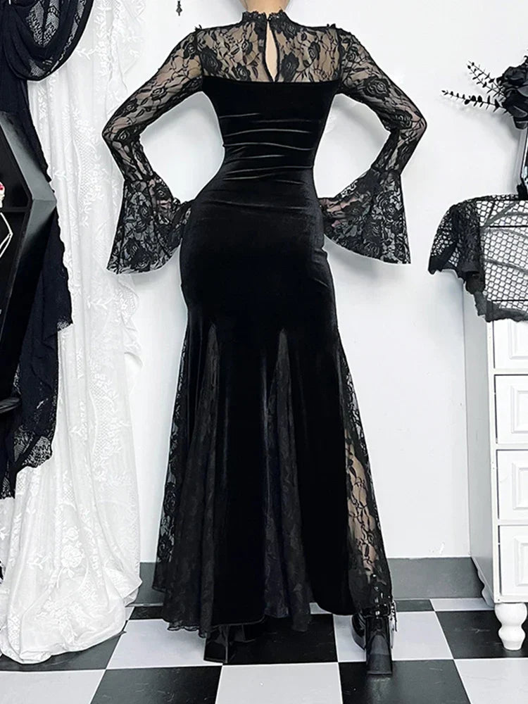 Velvet Deep V-Neck Bell Sleeve Lace Trim Mermaid Maxi Gown - View 6
