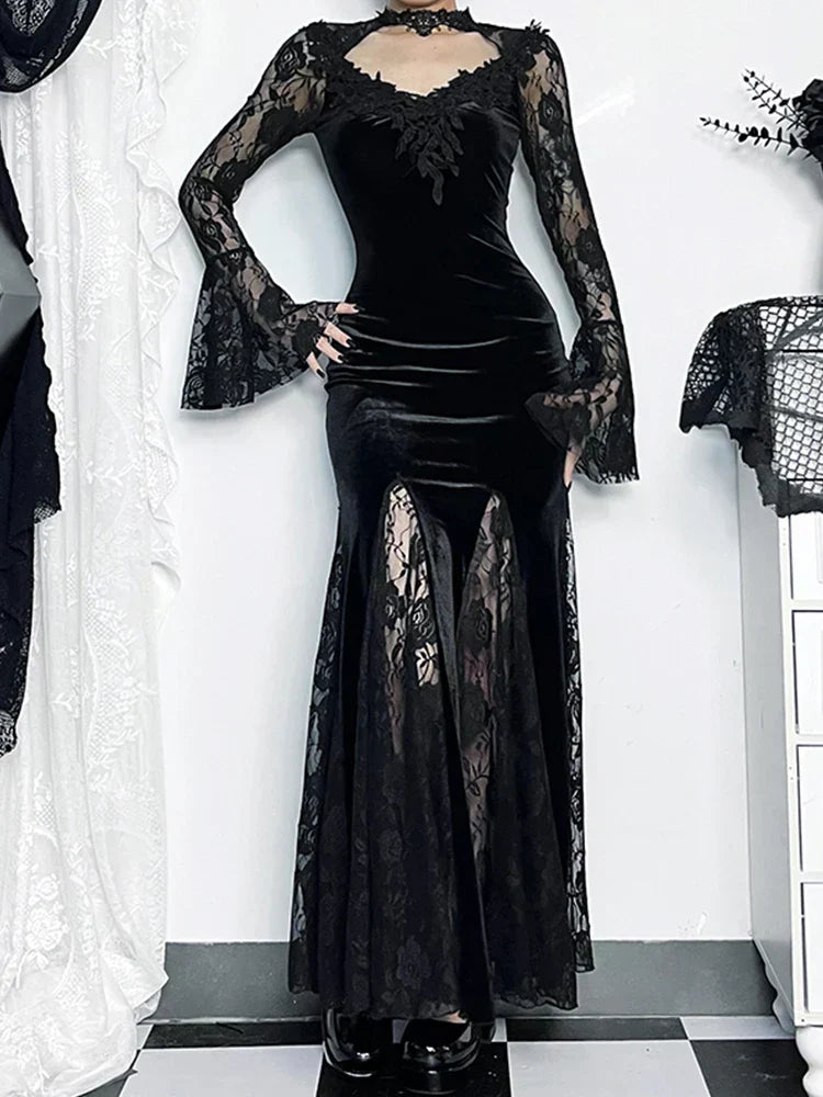 Velvet Deep V-Neck Bell Sleeve Lace Trim Mermaid Maxi Gown - View 3
