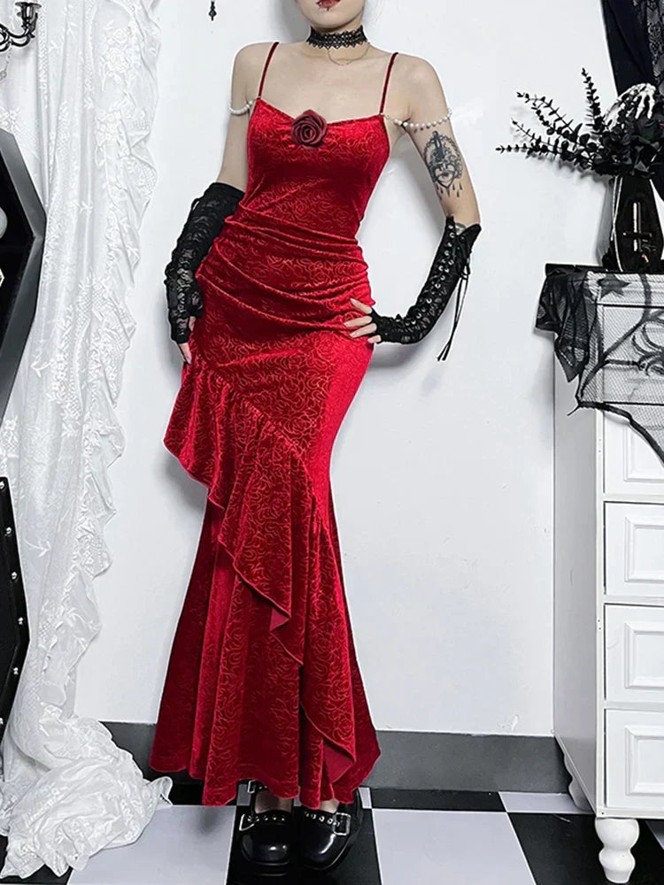 Velvet Spaghetti Strap Ruched Rosette Mermaid Maxi Dress - View 4