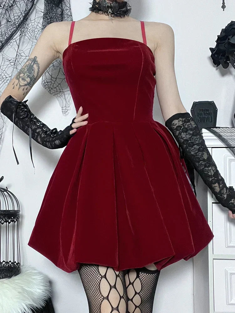 Velvet Solid Shirring High Waist Spaghetti Straps A-Line Dress - View 2