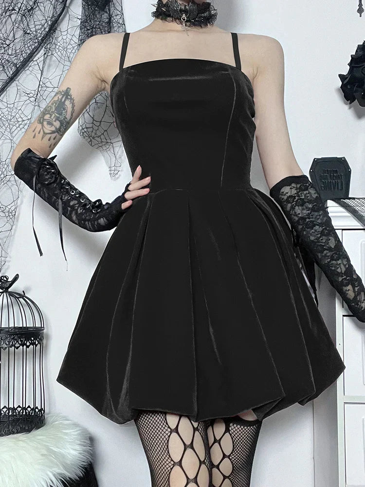 Velvet Solid Shirring High Waist Spaghetti Straps A-Line Dress - View 5