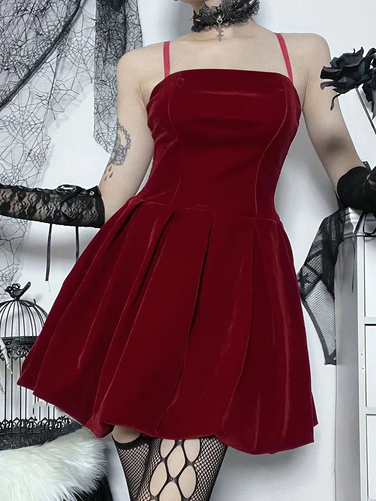 Velvet Solid Shirring High Waist Spaghetti Straps A-Line Dress - View 3