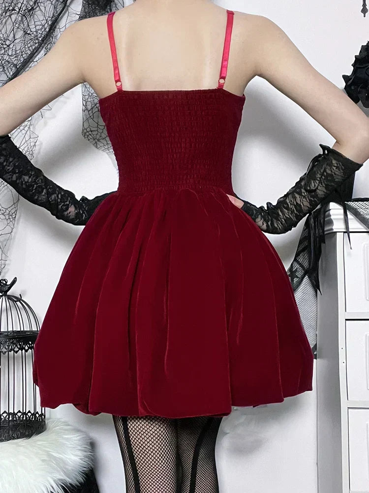 Velvet Solid Shirring High Waist Spaghetti Straps A-Line Dress - View 4