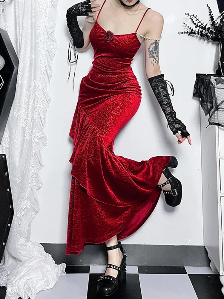 Velvet Spaghetti Strap 3D Rose Ruched Mermaid Maxi Dress - View 3