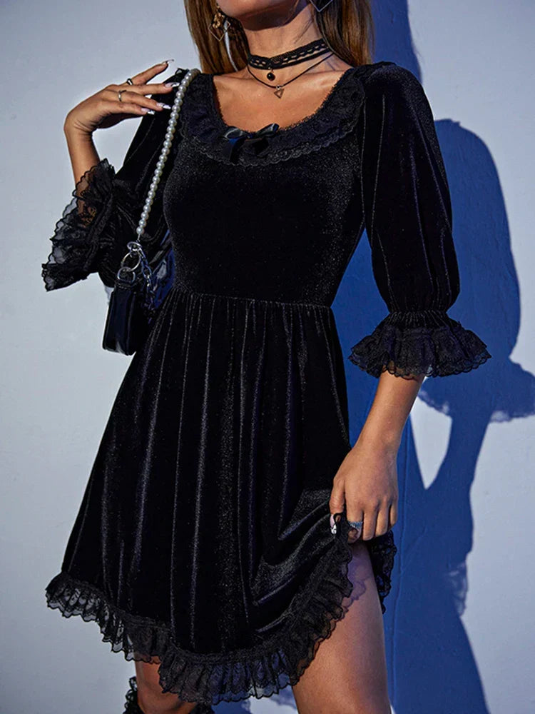 Velvet Square Neck Lace Trim Bow Detail Puff Sleeve Mini Dress - View 5