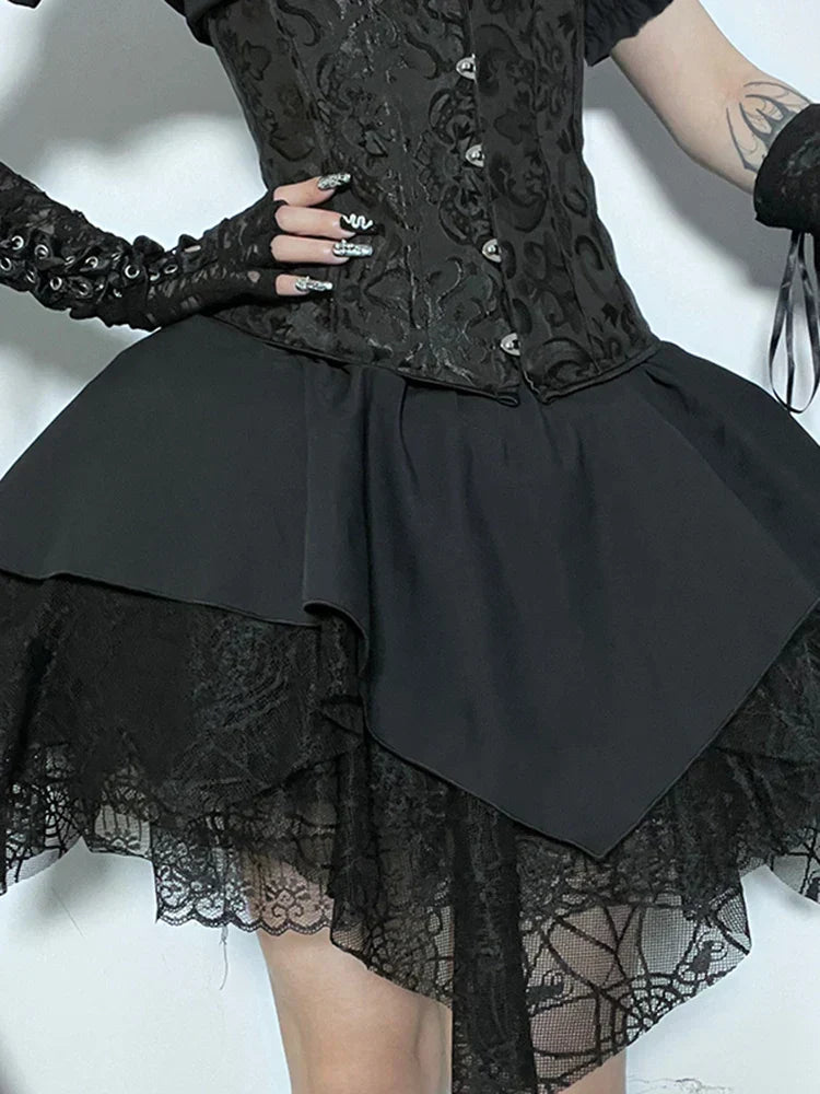 Brocade Corset Busk Puff Sleeve Spiderweb Lace Mini Dress - View 2