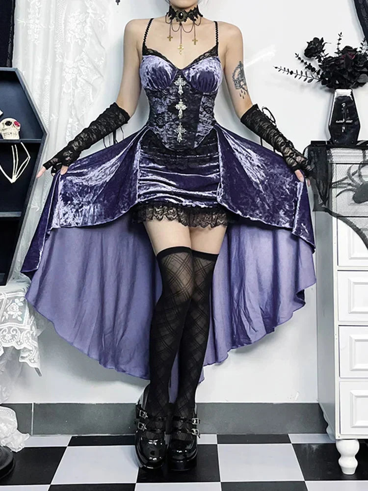 Velvet Spaghetti Strap Corset Lace Trim High Low Mini Dress - View 3