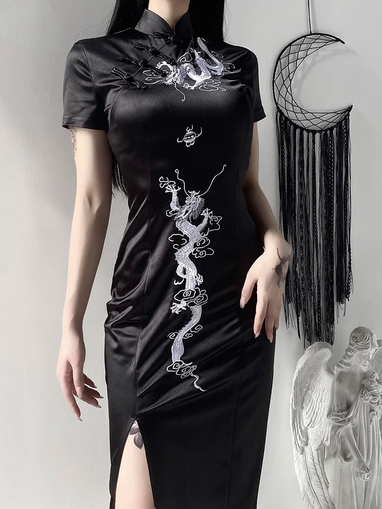 Dragon Embroidery Stand Collar Frog Button Short Sleeve Cheongsam Mini Dress - View 2