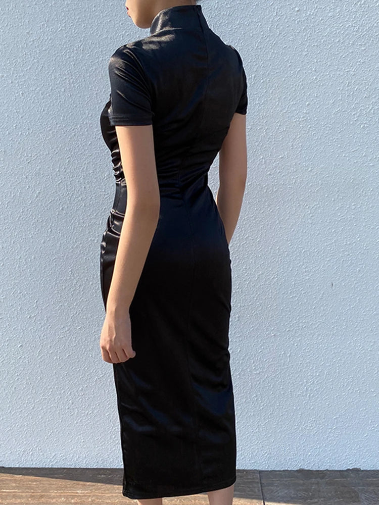 Dragon Embroidery Stand Collar Frog Button Short Sleeve Cheongsam Mini Dress - View 6