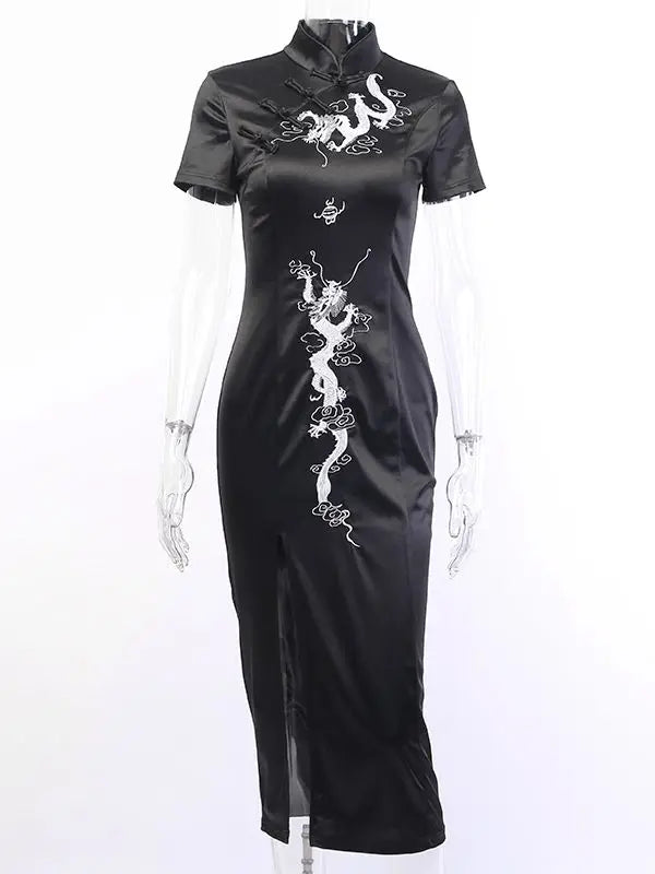 Dragon Embroidery Stand Collar Frog Button Short Sleeve Cheongsam Mini Dress - View 7