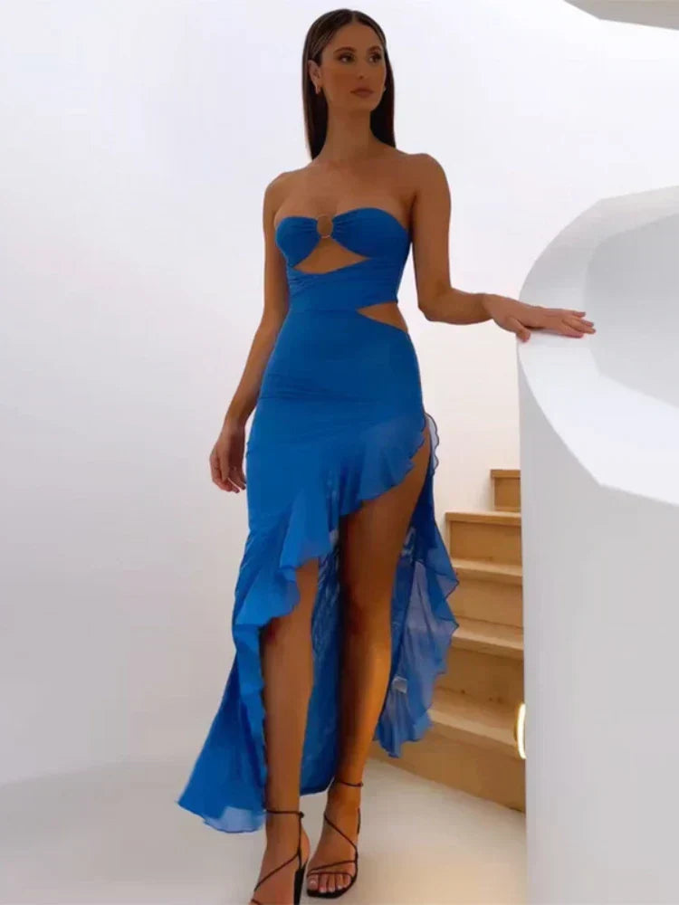 Strapless Cut Out Ruffle Mesh High Split Mermaid Maxi Dress - View 6
