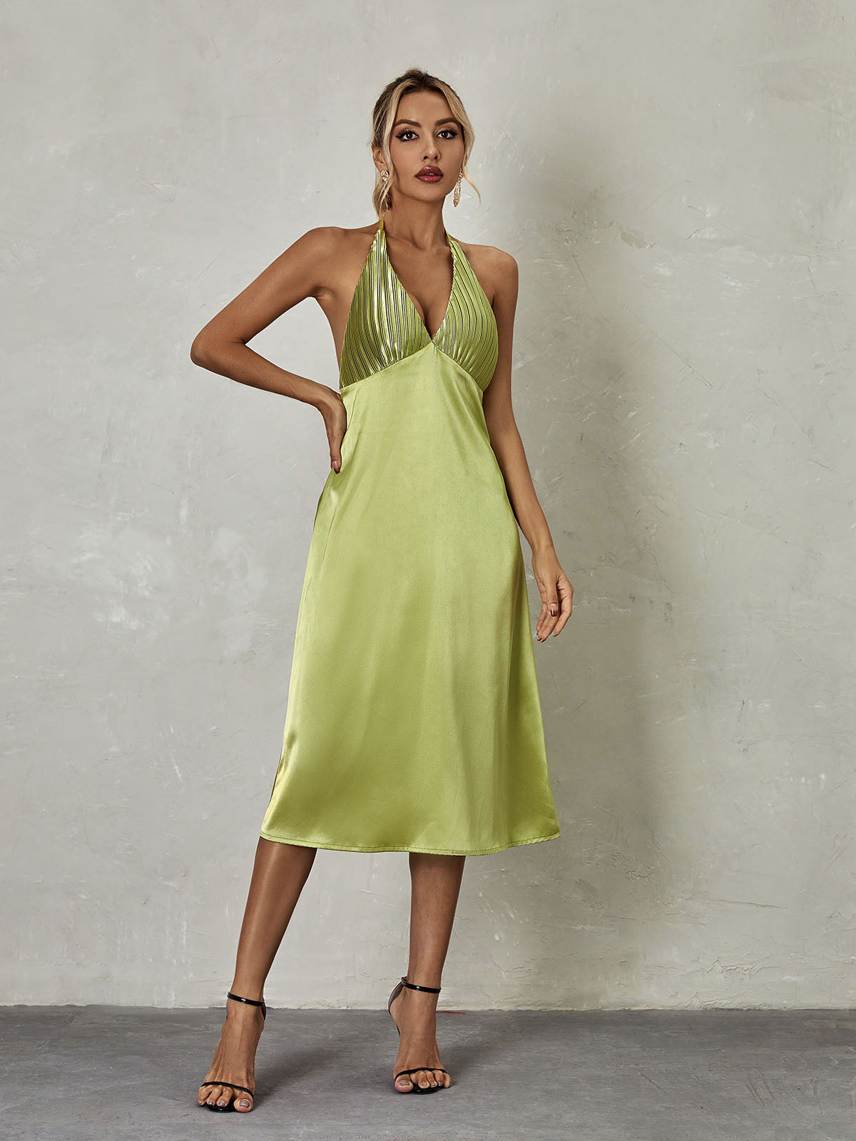 Satin Halter Neck Plunge Backless A-Line Midi Dress - View 2