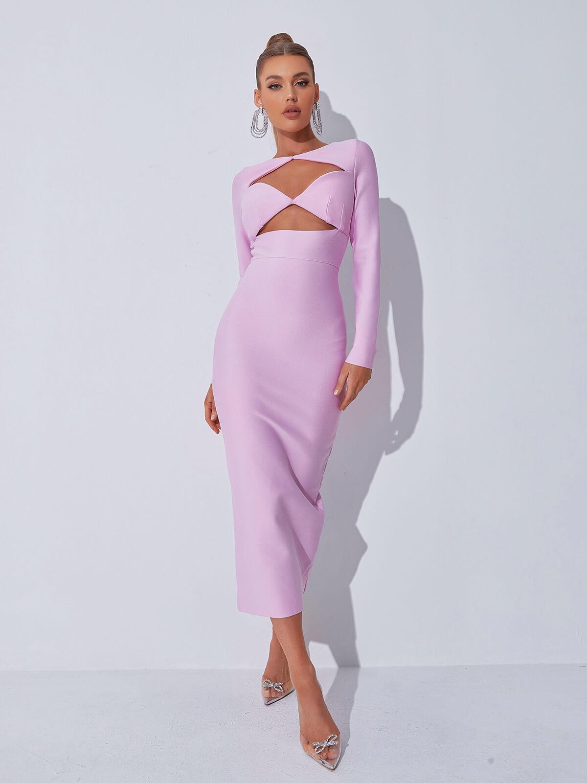 Long Sleeve Twist Cut Out Bandage Bodycon Midi Dress - View 2