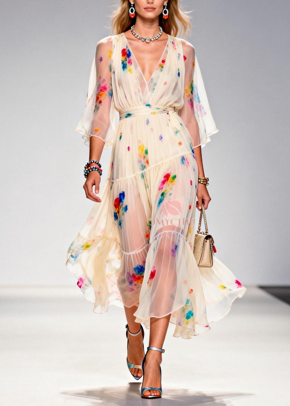Floral Print Deep V-Neck Wrap Bodice Bell Sleeve Midi Dress - View 5
