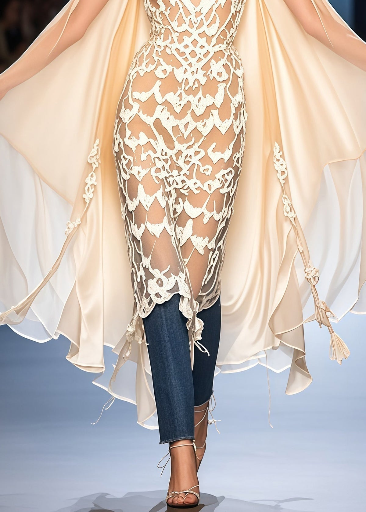 Chiffon Deep V-Neck Floral Lace Cut Out Cape Tassel Midi Dress - View 4