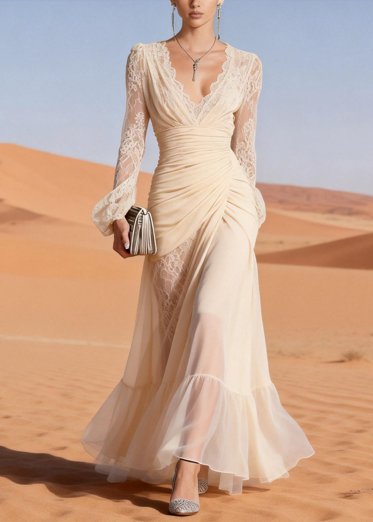 Lace Trim Deep V-Neck Ruched Wrap Long Sleeve Sheer Maxi Gown