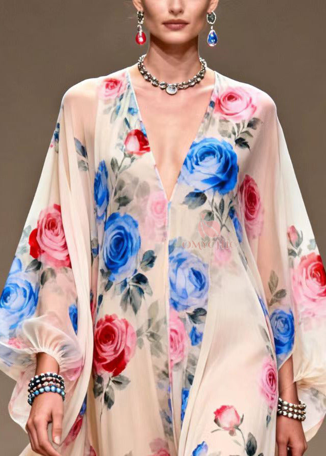 Italian Beige Print Exra Large Hem Chiffon Maxi Dresses Summer - View 2