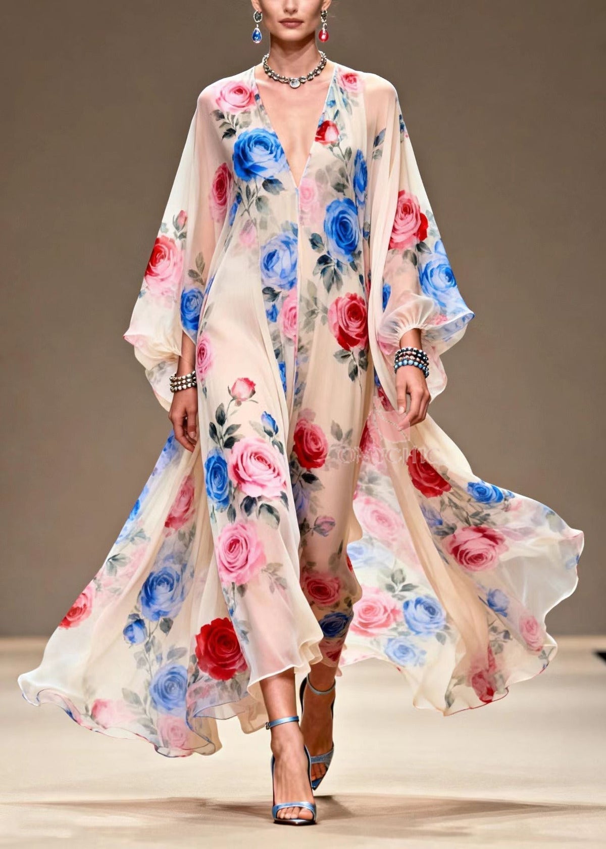Italian Beige Print Exra Large Hem Chiffon Maxi Dresses Summer - View 3