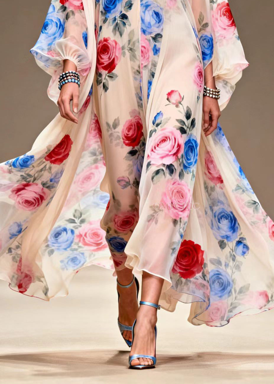 Italian Beige Print Exra Large Hem Chiffon Maxi Dresses Summer - View 4