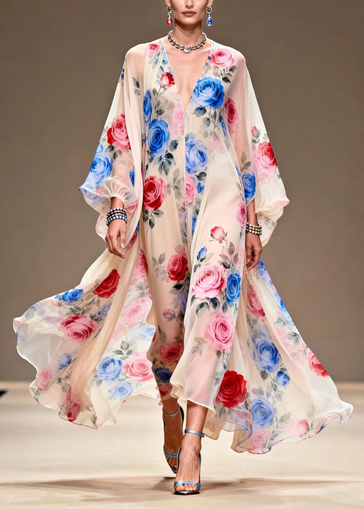 Italian Beige Print Exra Large Hem Chiffon Maxi Dresses Summer - View 5