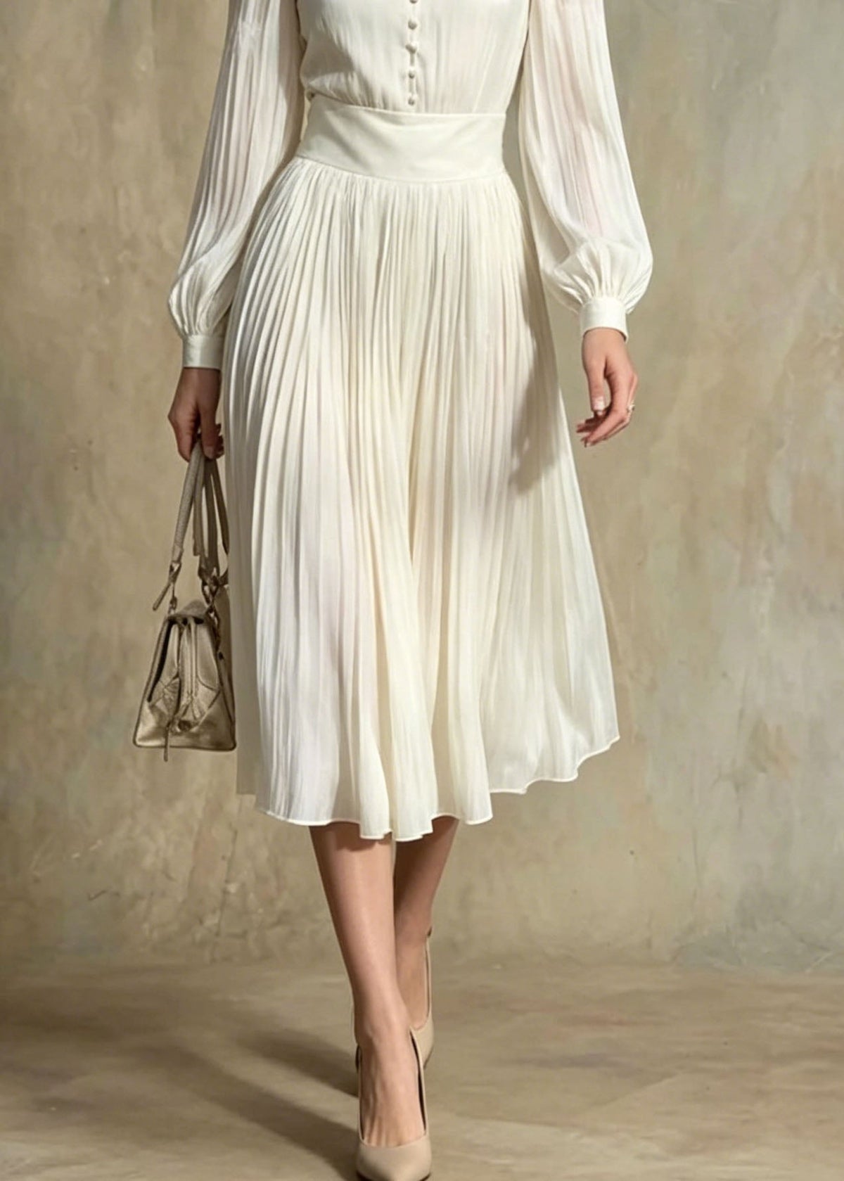 Pleated Chiffon V-Neck Mandarin Collar Button Front Midi Dress - View 4