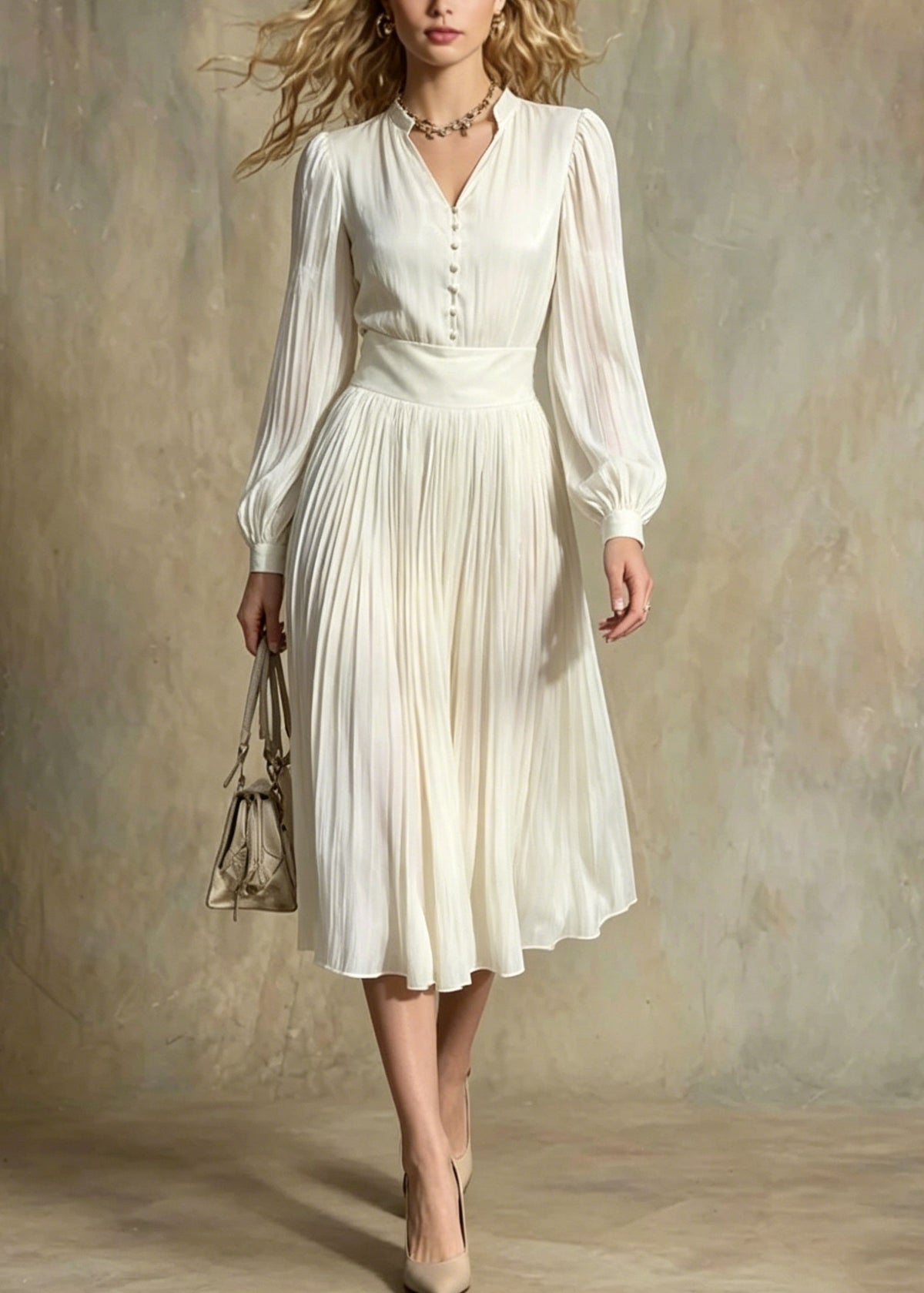 Pleated Chiffon V-Neck Mandarin Collar Button Front Midi Dress - View 5