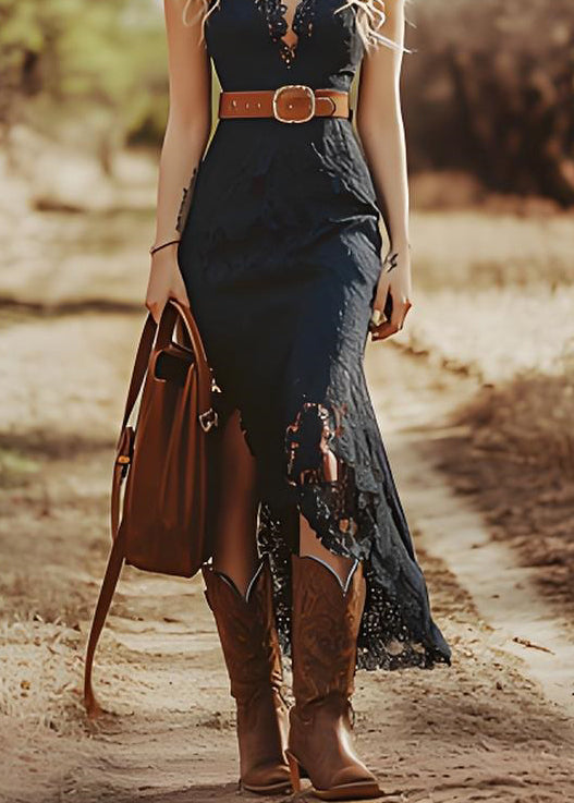 Floral Lace Deep V-Neck Scalloped Trim Asymmetrical Hem Midi Dress - View 4
