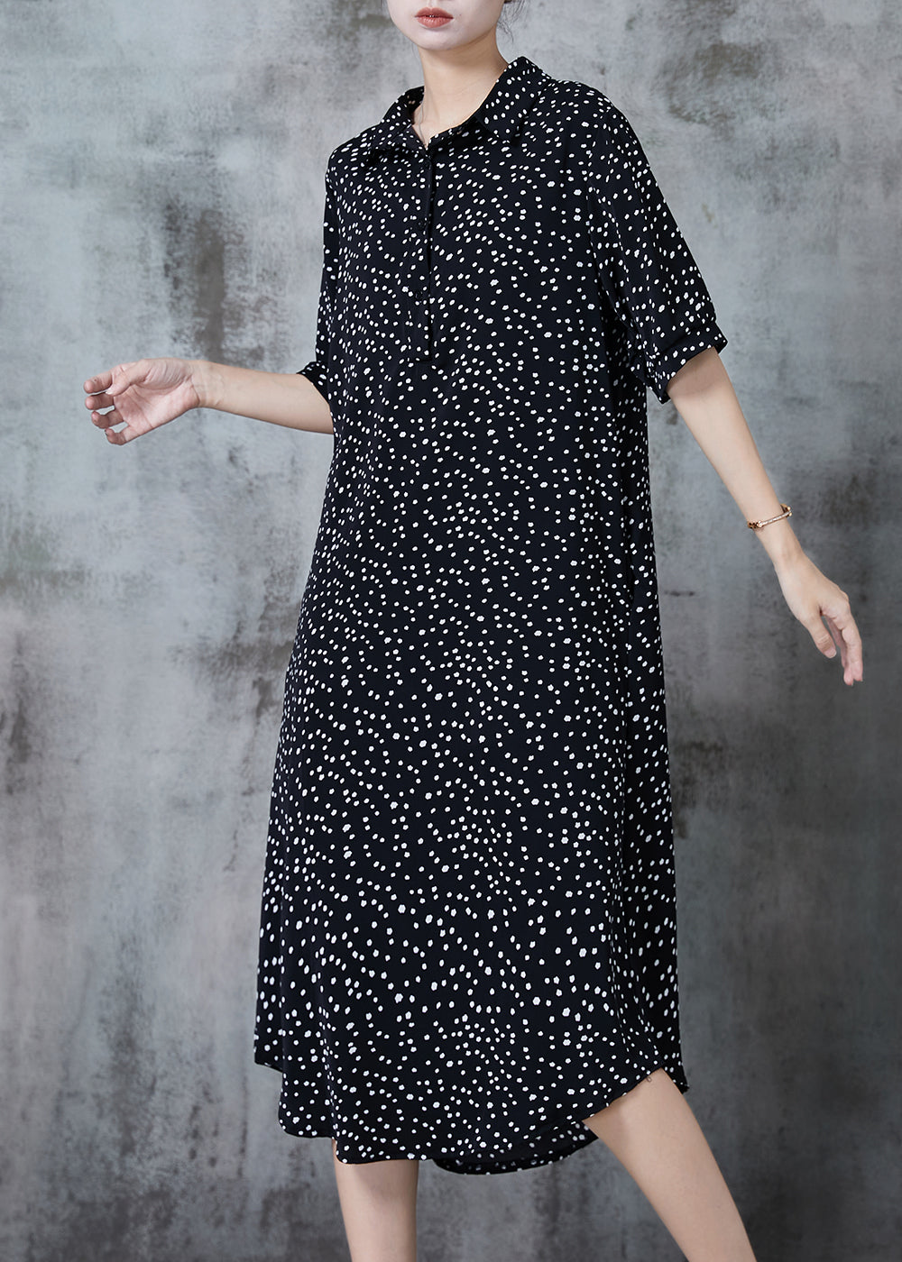Polka Dot Print Shirt Collar Button Front Elbow Sleeve Midi Dress - View 2