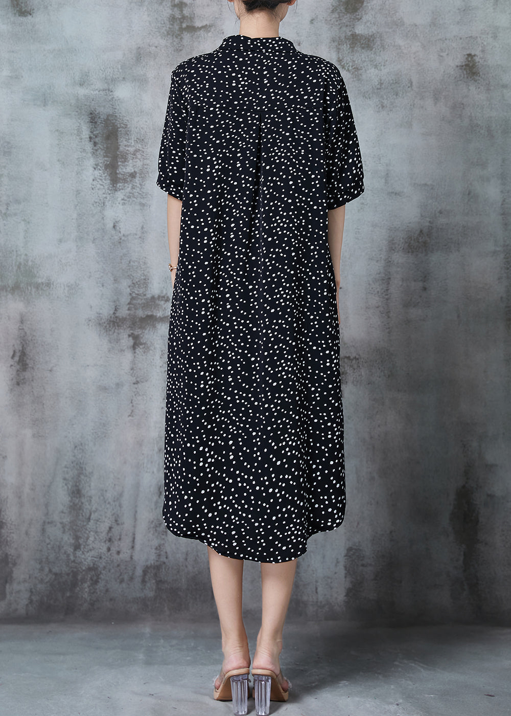 Polka Dot Print Shirt Collar Button Front Elbow Sleeve Midi Dress - View 4