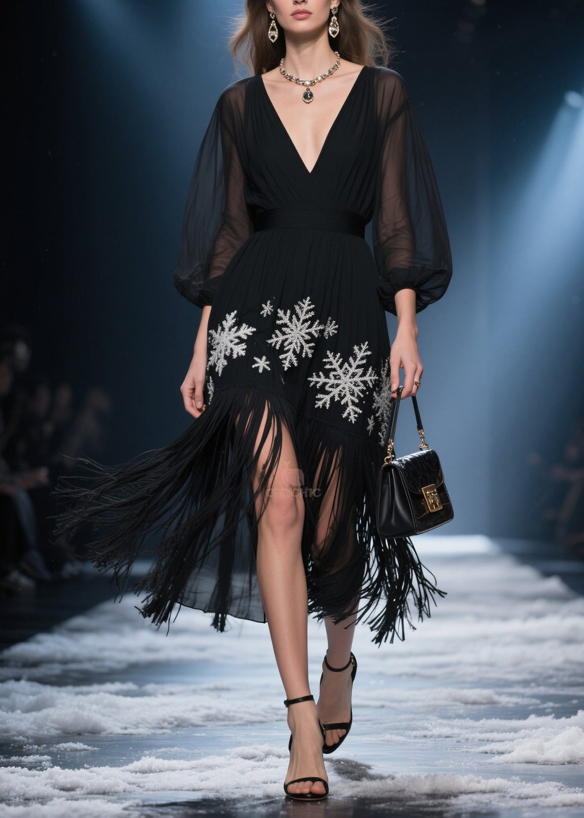 Deep V-Neck Sheer Puff Sleeve Snowflake Embroidery Midi Dress - View 5
