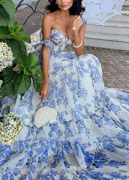 Chiffon Off Shoulder Tie Strap Corset Bodice Tiered Maxi Dress