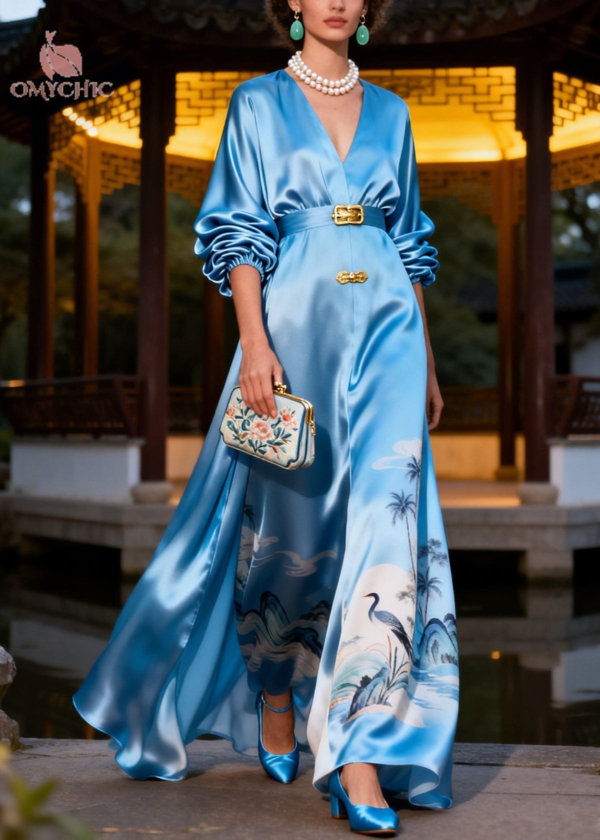Satin Crane Landscape Print V-Neck Balloon Sleeve Maxi Dress
