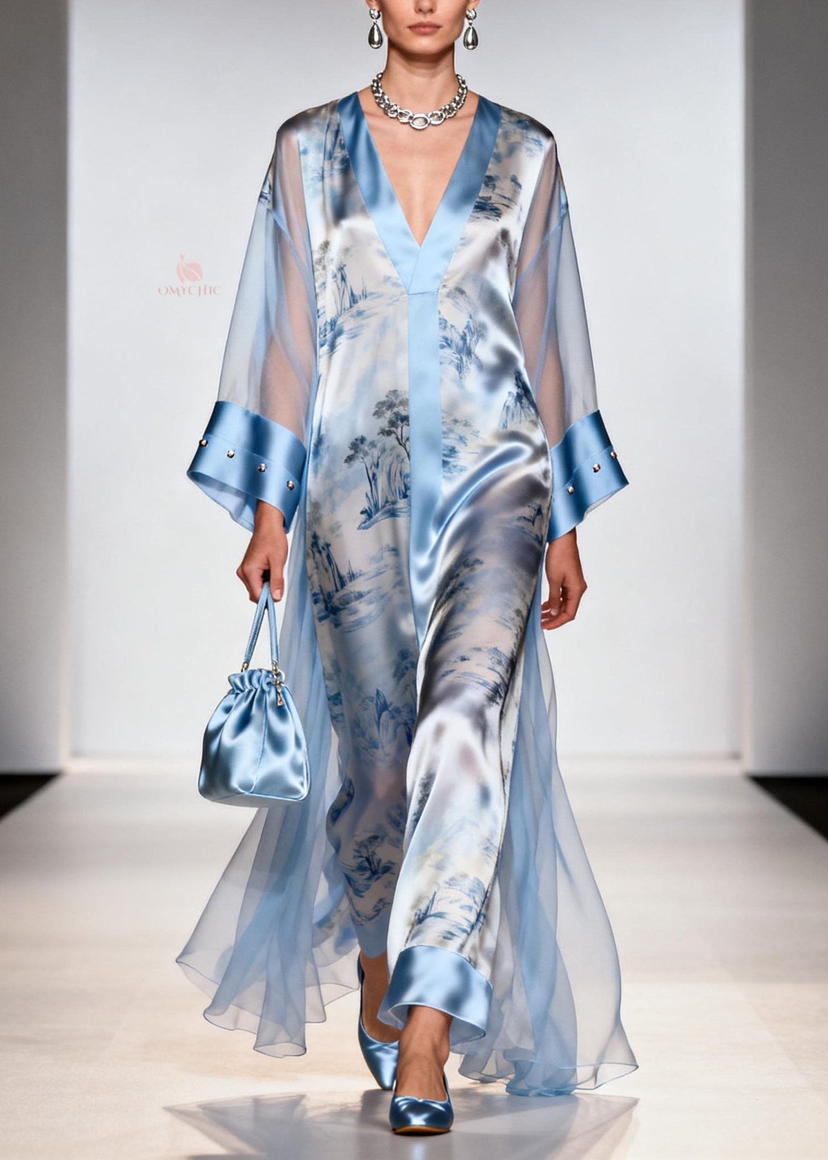 Satin Landscape Print V-Neck Maxi Sheer Studded Cuff Open Set - View 5