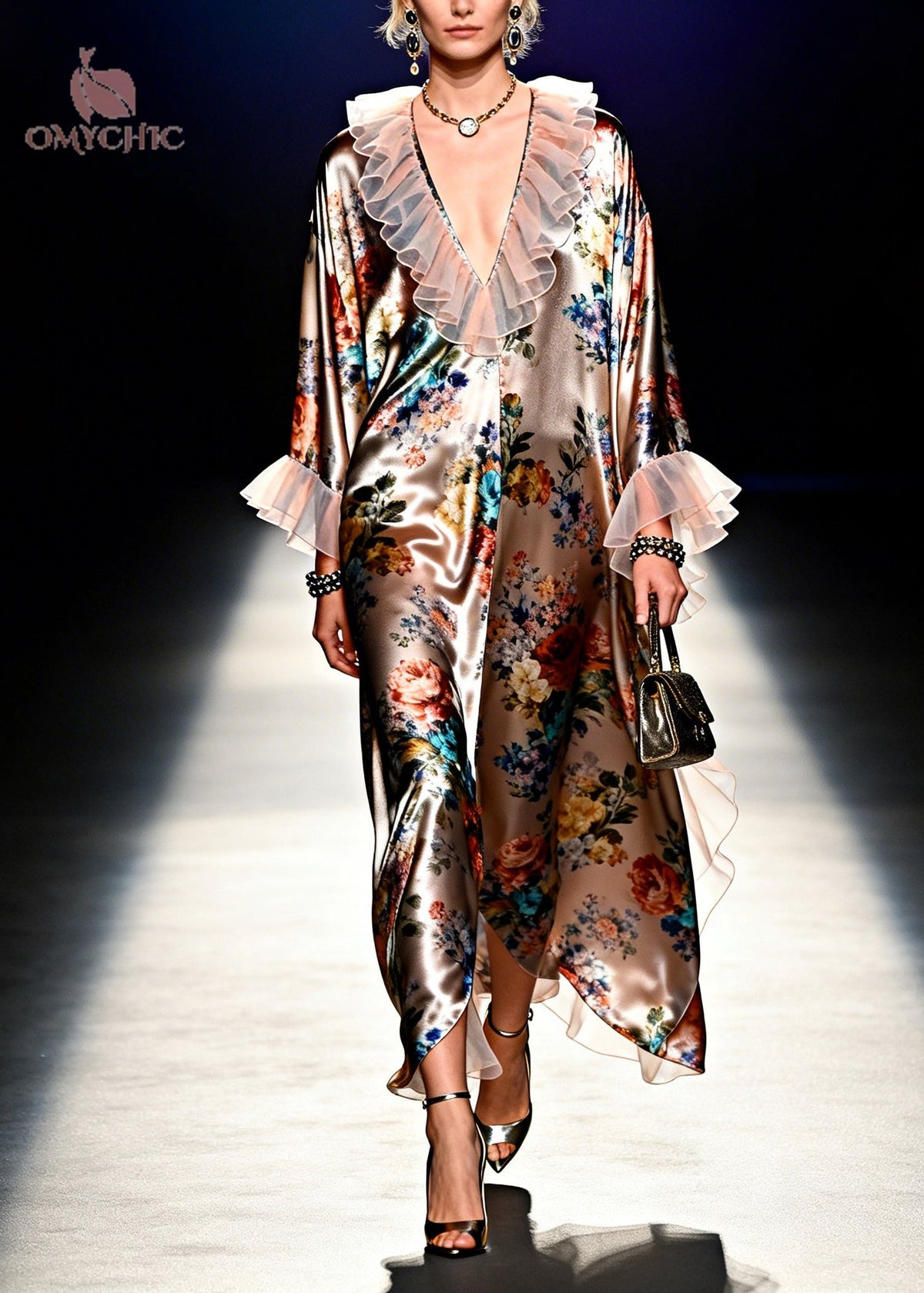 Floral Print Satin Ruffle Collar Cuff Long Sleeve Maxi Dress