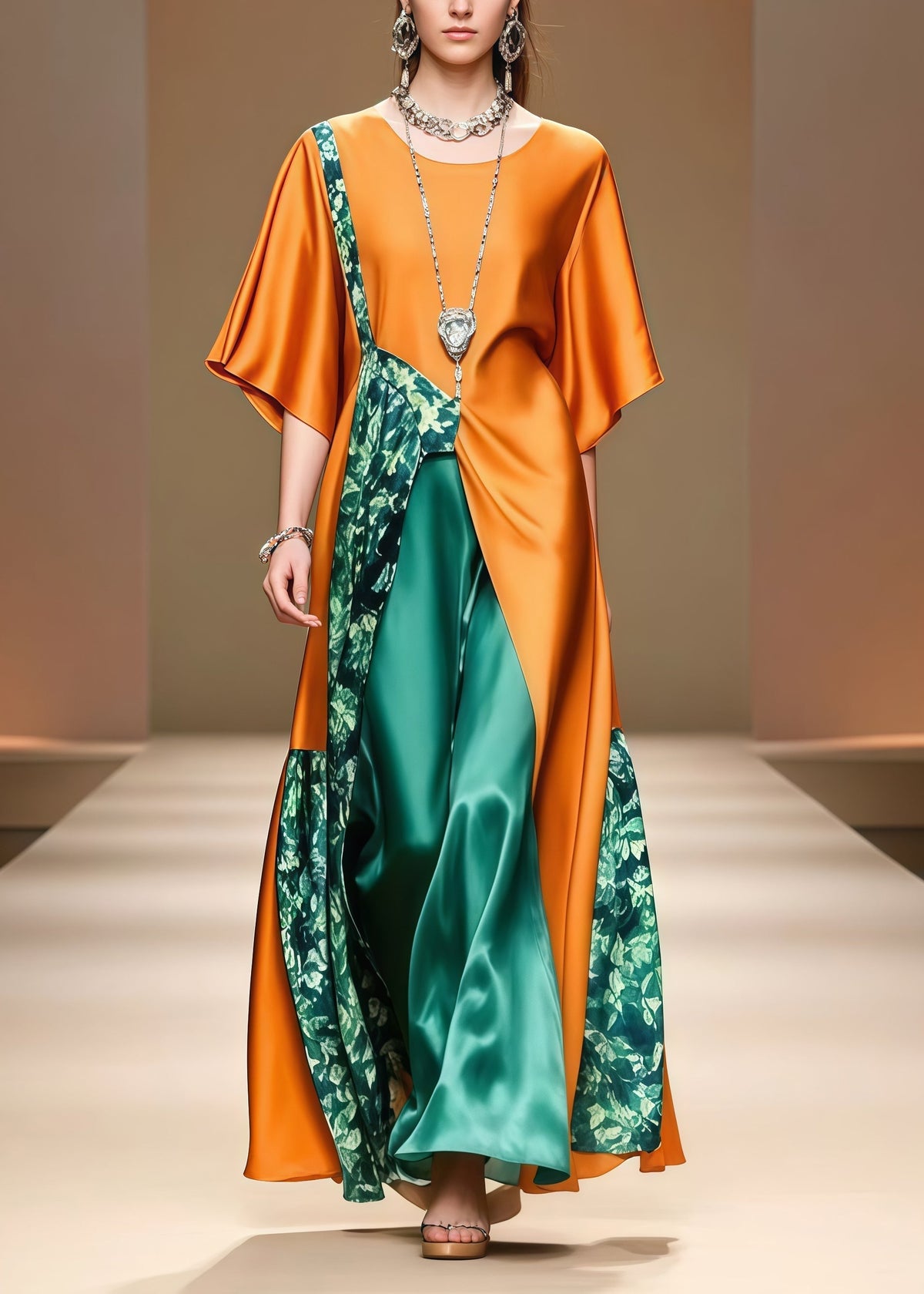 Round Neck Short Sleeve Floral Patchwork Satin Maxi Dress