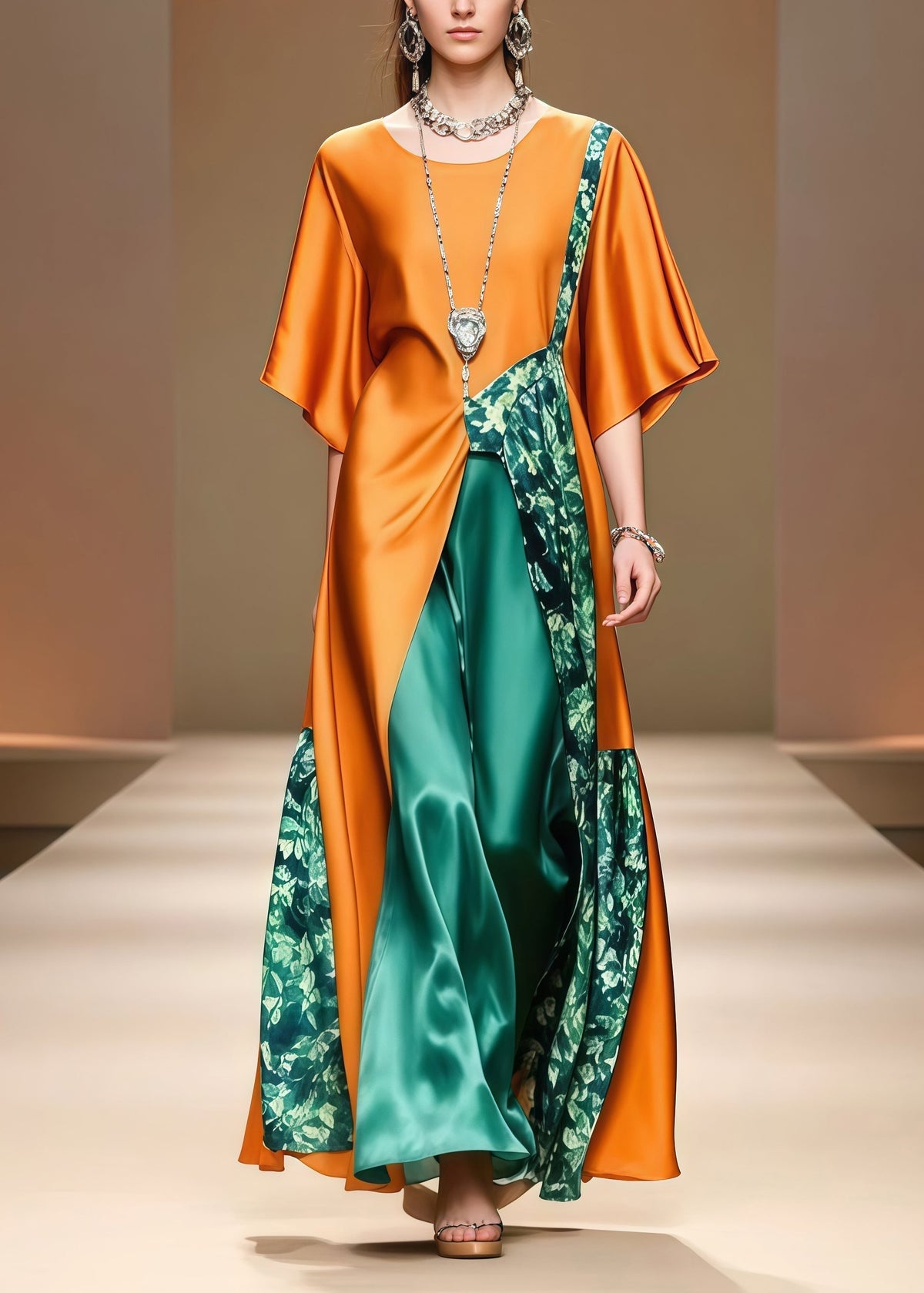 Round Neck Short Sleeve Floral Patchwork Satin Maxi Dress - View 3